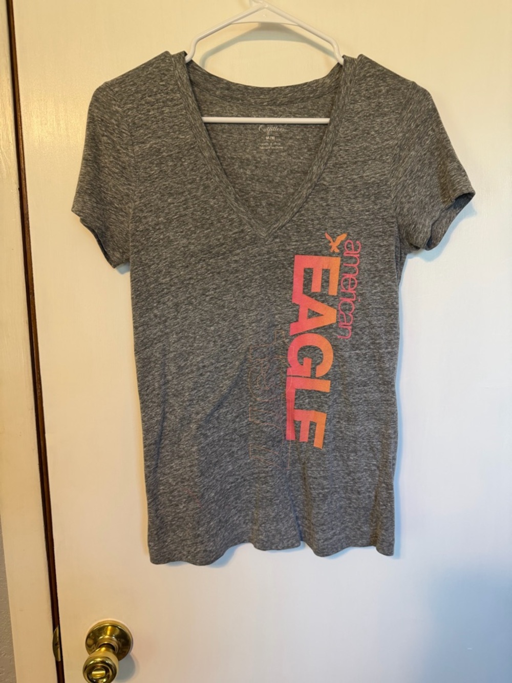 American Eagle Outfitters Gray V-Neck Tee with White Logo